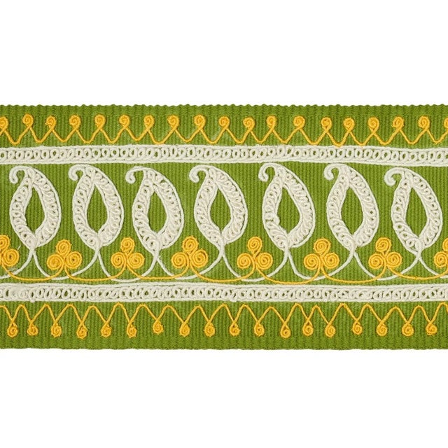 Sample - Schumacher Paisley Embroidered Tape in Green & Yellow For Sale