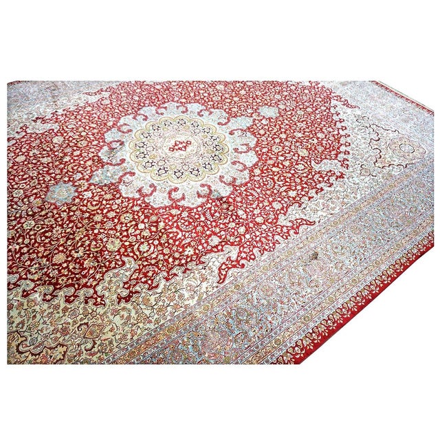 Vintage Kashmiri Tabriz Silk 9x12 Red, Ivory & Light Blue Handmade Area Rug #1144057 For Sale - Image 10 of 15