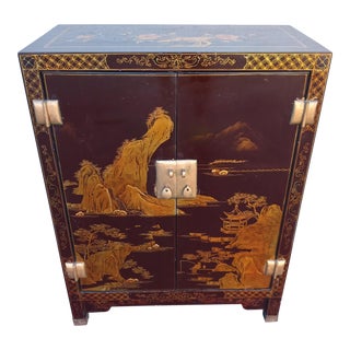 Vintage Chinoiserie Brown Gold Bronze Pagoda Garden Scene Small Storage Cabinet For Sale