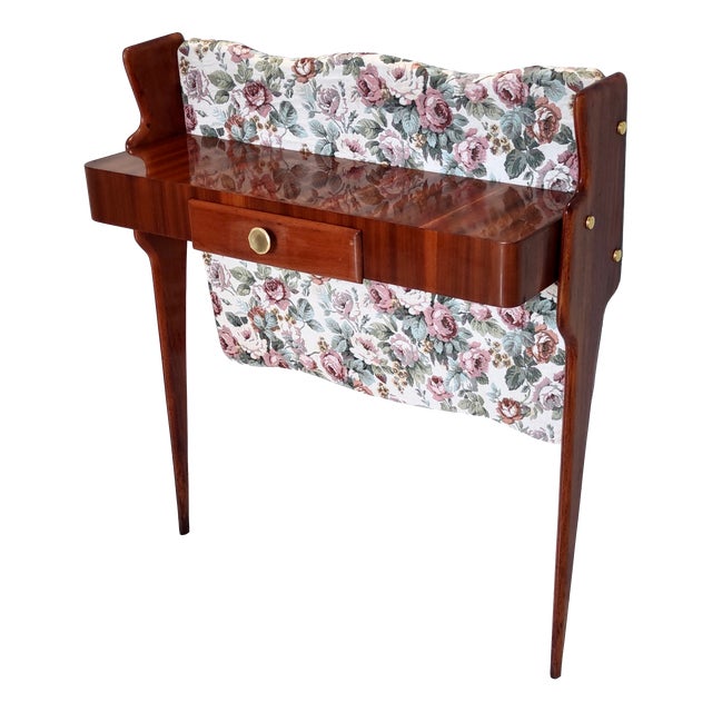 Vintage Italian Console Table in Ebonized Beech and Rose-Patterned Fabric, 1950s For Sale