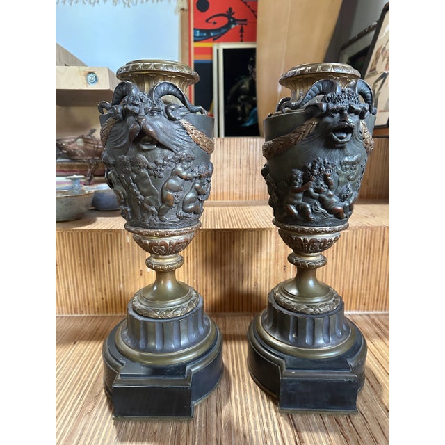 Early 20th Century Pair of Early 20th Century Bronze Bacchanalian Vases After Clodion For Sale - Image 5 of 10
