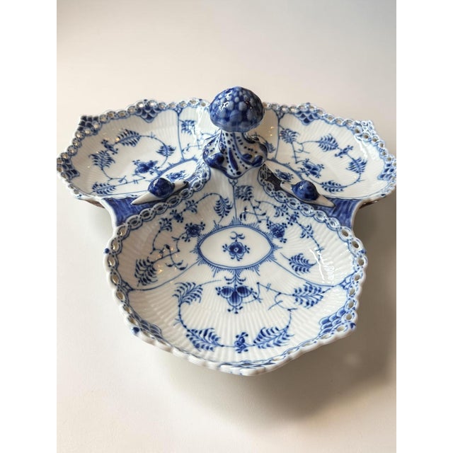 Traditional Royal Copenhagen Blue Fluted Full Lace Three-Section Serving Dish No. 1005 For Sale - Image 3 of 12