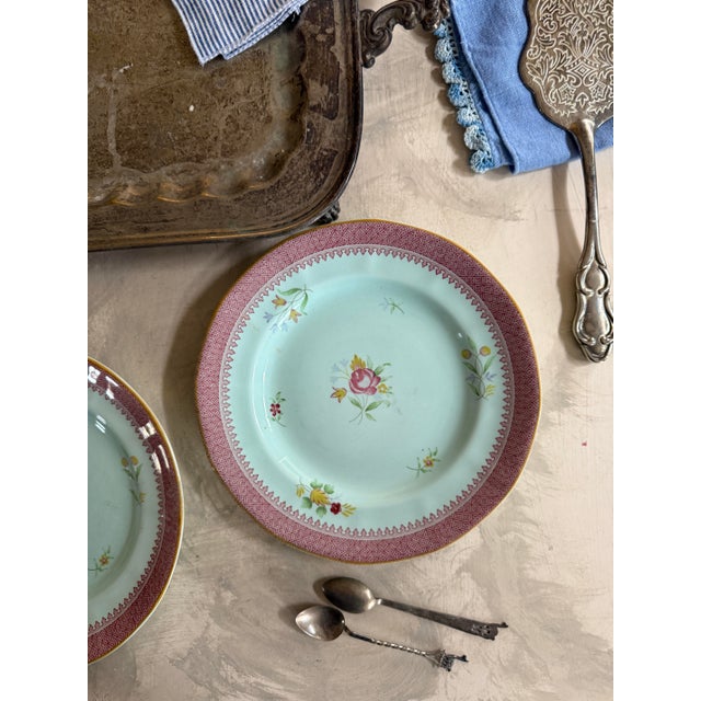 Cerise Vintage Lowestoft Calyx Ware Adams Floral Plates English China 8.25” - Set of Three (3) For Sale - Image 8 of 11
