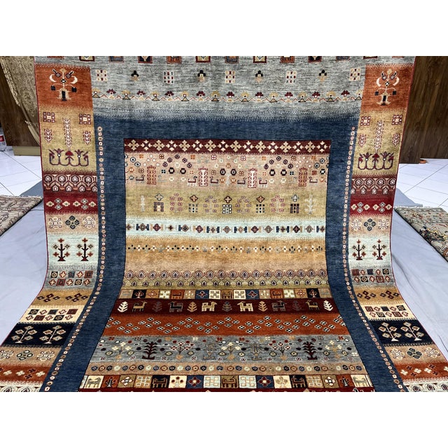 Art Deco Blue & Rust Afghan Sultani Pictorial Wool Rug, Natural Dye Khorjin Tribal Design, 6′5″ × 9′7″ For Sale - Image 3 of 12