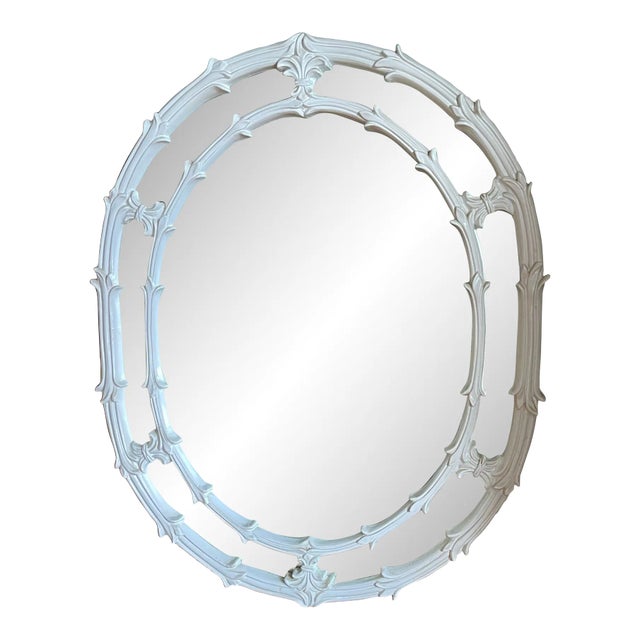 1970s Hollywood Regency Oval White Lacquered Hanging Mirror For Sale