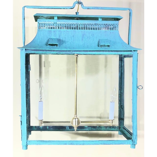 One of a Kind Hand-Painted Turquoise Hanging Lantern Steel & Solid Brass For Sale - Image 11 of 18