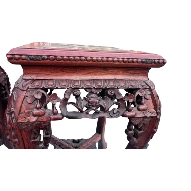 Antique Carved Asian Marble Top Chinese Stands a Pair For Sale - Image 9 of 12