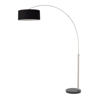 1960s Mid Century Modern Nova of California Float Arc Floor Lamp - Modern Satin Nickel, Black Marble Base, Black Linen Drum Shade For Sale