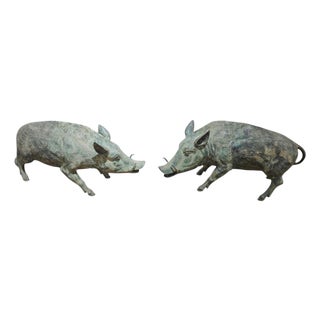 Italian Bronze Warthog Sculptures with Green Patina, 1950s, Set of 2 For Sale