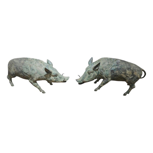 Italian Bronze Warthog Sculptures with Green Patina, 1950s, Set of 2 For Sale