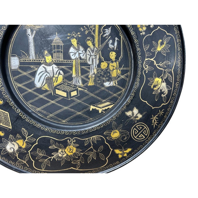 1990s Chinoiseries Brown Lacquer Golden Graphic Wood Display Disc Art For Sale - Image 5 of 6