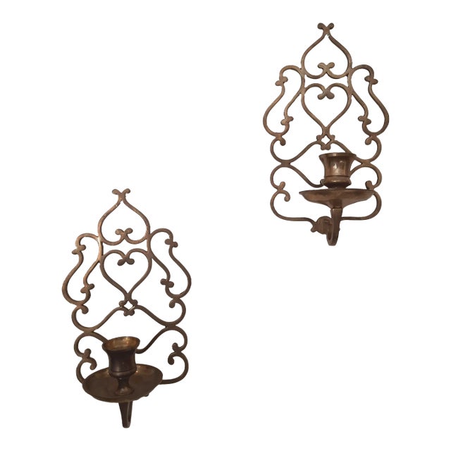 Brass Scrolled Heart Candle Sconces a Pair For Sale