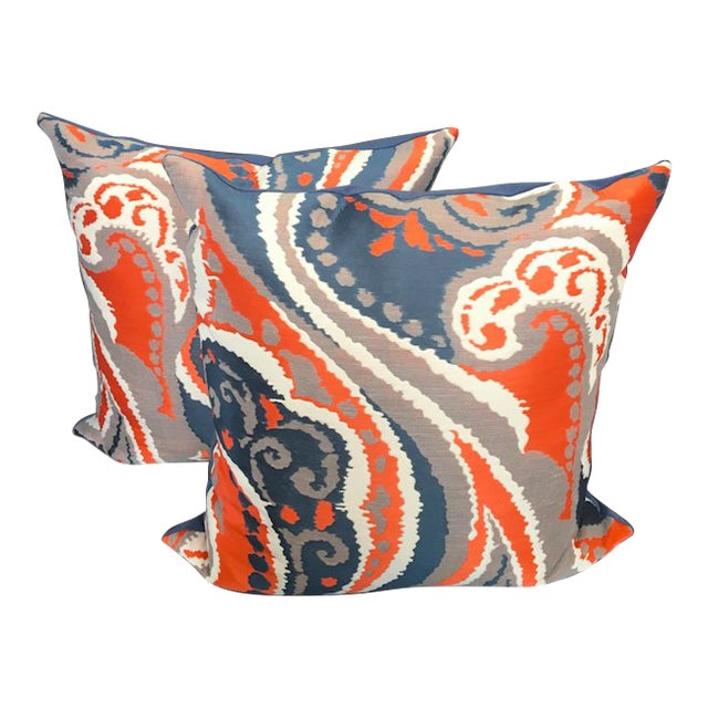 Contemporary Navy And Orange Oversized Paisley Print Pillow 20 X