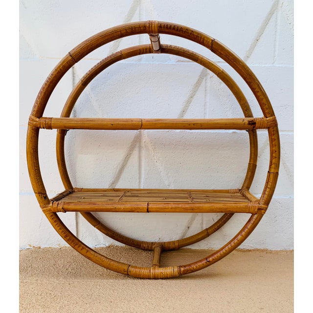 20th Century Boho Chic Round Bamboo Wall Shelf Tiki Rattan Circular