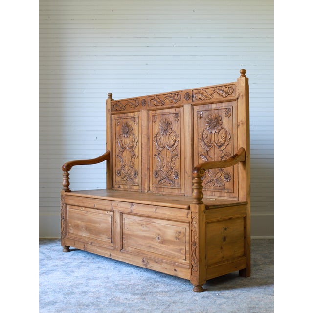 English Mid 20th Century English Pine Carved Storage Bench For Sale - Image 3 of 17