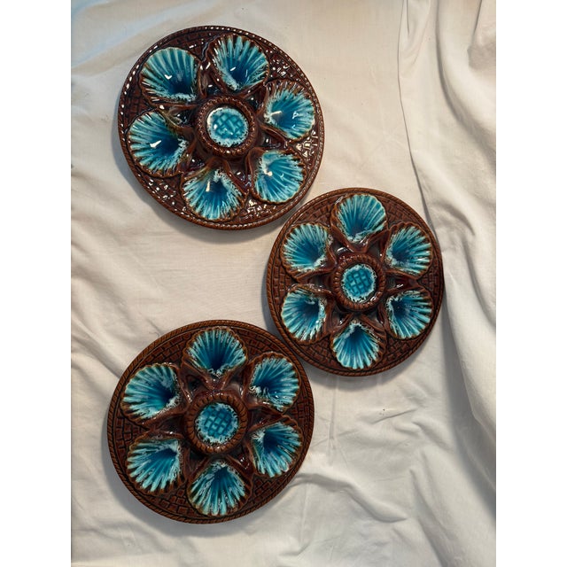 Vintage French Vallauris Majolica Oyster Plate Brown Blue Mid Century Seafood Platters-3 Plates For Sale - Image 9 of 11