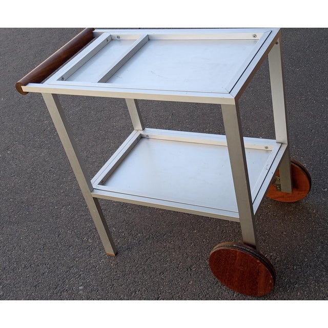 Mid-Century Modern 1960s Modern Metal Bar Cart With Walnut Handle and Wheels For Sale - Image 3 of 12