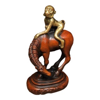 Gilt Bronze Monkey on Horse Figure - "Immediate Marquis" Statue For Sale