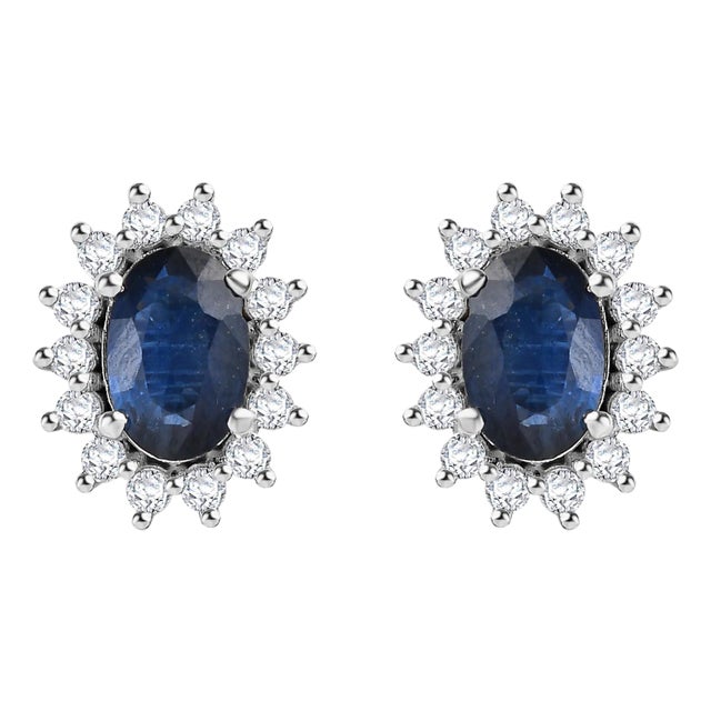 14k Oval Sapphire and Diamond Halo Wedding Stud Earrings- a Pair For Sale