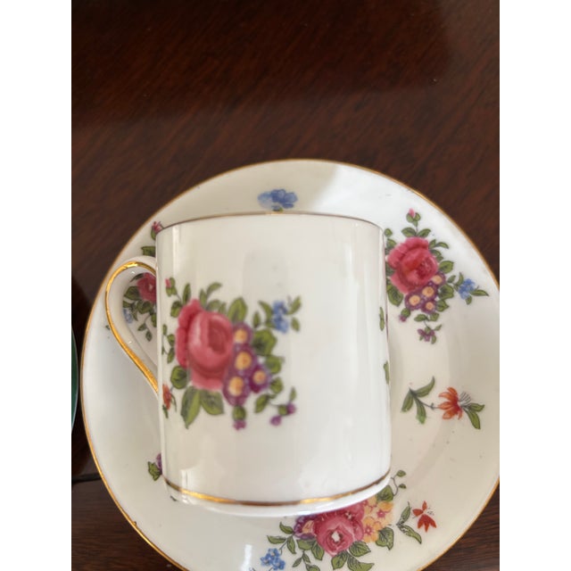 English Vintage Crown Staffordshire Fine Bone China Demitasse Cup and Saucer With Vibrant Floral Bouquets and Gold Trim For Sale - Image 3 of 4