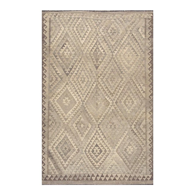 1930s Beige Ground Diamond Antique Turkish Village Kilim Woven Wool Rug For Sale