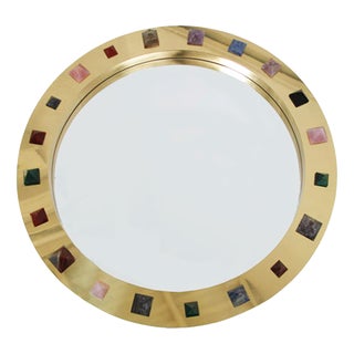 Modern Spanish Circular Brass Mirror with Semi Precious Stones For Sale