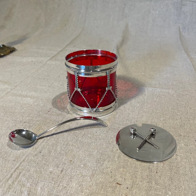 Art Deco, sterling silver-mounted red glass, drum-form condiments jar very rare with original spoon, R. Blackinton and...