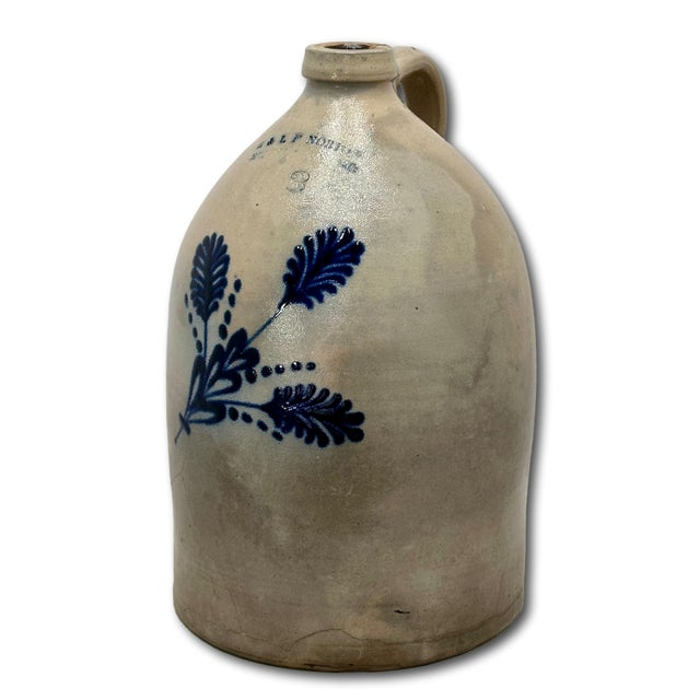 Beautiful Antique American Blue Flower Decorated 3 Gallon Size Stoneware Jug by E & L P Norton in Bennington Vermont For Sale In Boston - Image 6 of 18