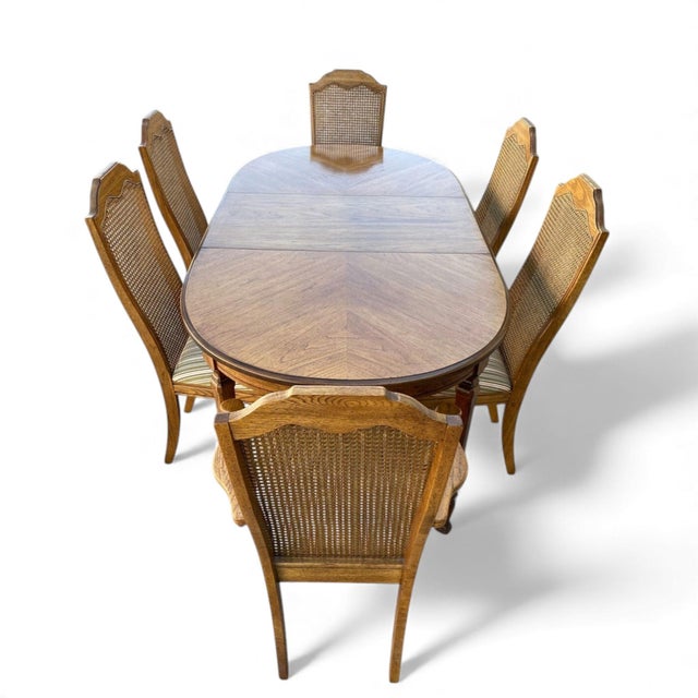 Late 20th Century Oak and Cane Dining Set With Oval Extending Table and Six Chairs For Sale - Image 12 of 13