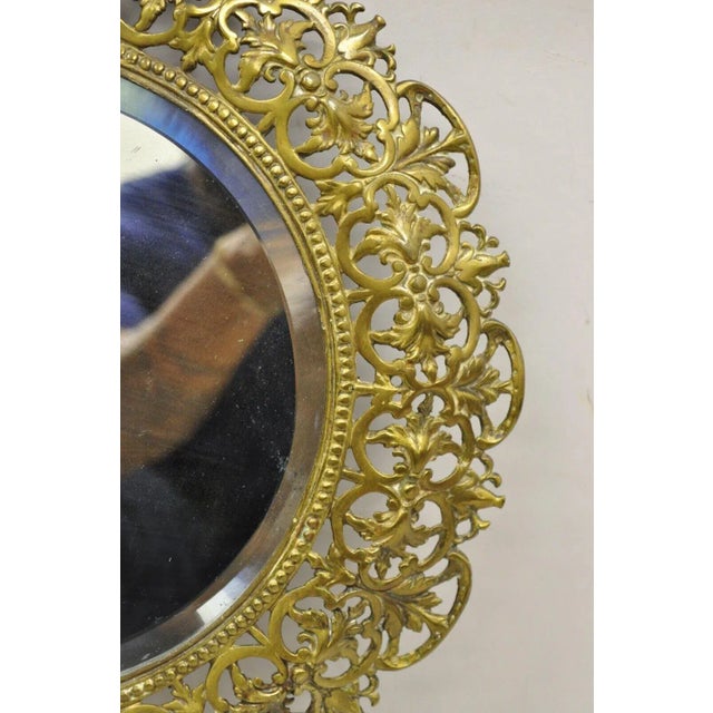 Antique French Renaissance Style Round Leafy Brass Frame Small Beveled ...