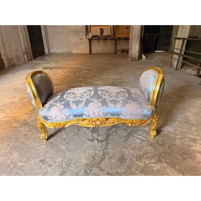 Wood Vintage French Boudoir Bench Blue Damask Upholstery For Sale - Image 7 of 7