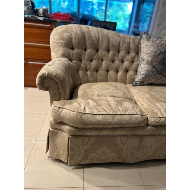 Late 20th Century Henredon Schoonbeck Collection Cream Tufted Roll Arm Damask Sofa With Down Filled, Reversible Cushions, Pristine With New Low, Discounted Price! For Sale - Image 5 of 11