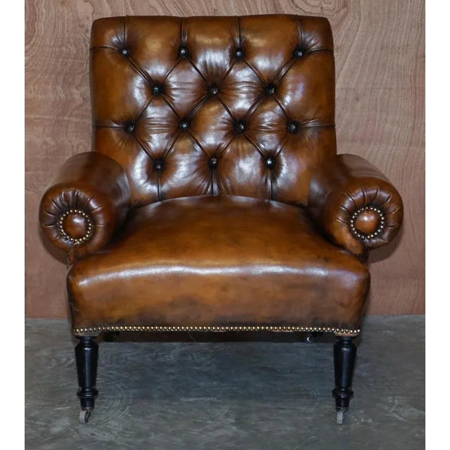 Set of Antique Regency Bolster Brown Leather Library Armchairs For Sale - Image 16 of 18