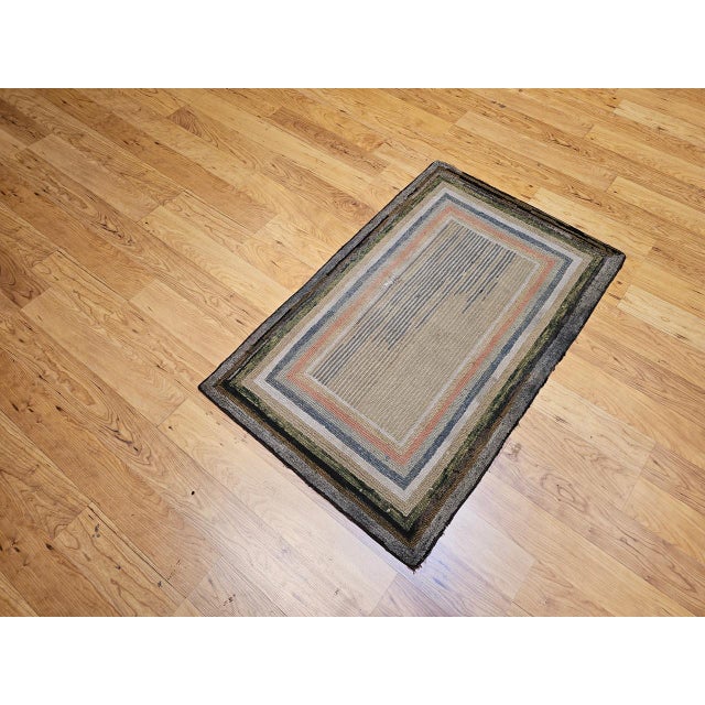 Beige Antique American Hand Hooked Rug, Wool & Cotton, Multicolor Stripe, Folk Art, 2x4 For Sale - Image 8 of 9