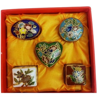 Set of 5 Vintage Cloisonné Enamel Miniature Boxes – Floral Motif, in Presentation Box For Sale