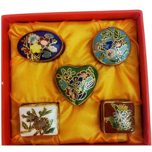 Set of 5 Vintage Cloisonné Enamel Miniature Boxes – Floral Motif, in Presentation Box For Sale