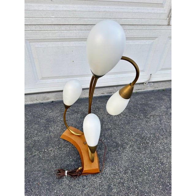 Curved Mahogany & Brass Lamps With Four Teardrop Shades For Sale In Los Angeles - Image 6 of 9