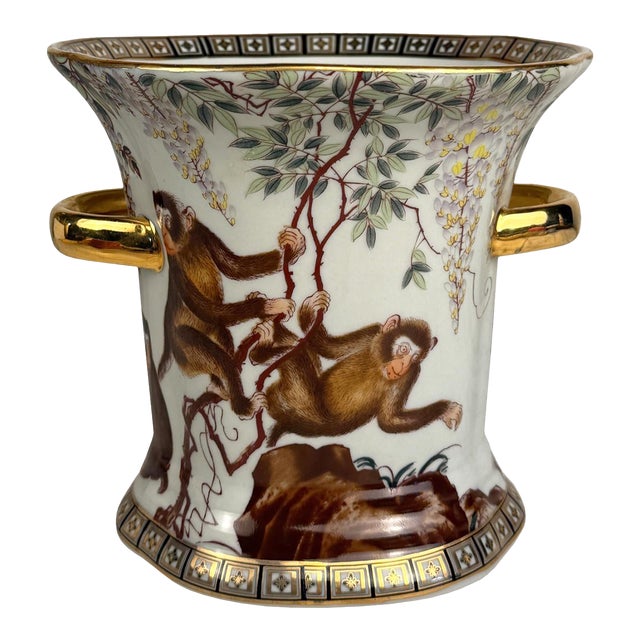 Vintage Chinese Chinoiserie Monkey Porcelain Planter Pot For Sale