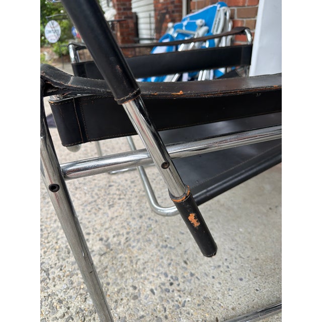 Black Pair of Vintage Italian Black Leather & Chrome Wassily-Style Lounge Chairs For Sale - Image 8 of 8