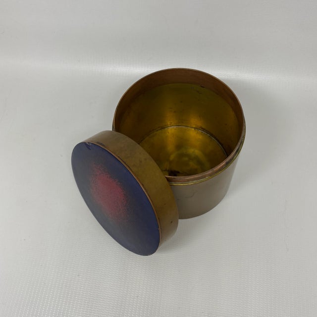Mid-Century Enameled Lid Round Brass Box For Sale - Image 9 of 13