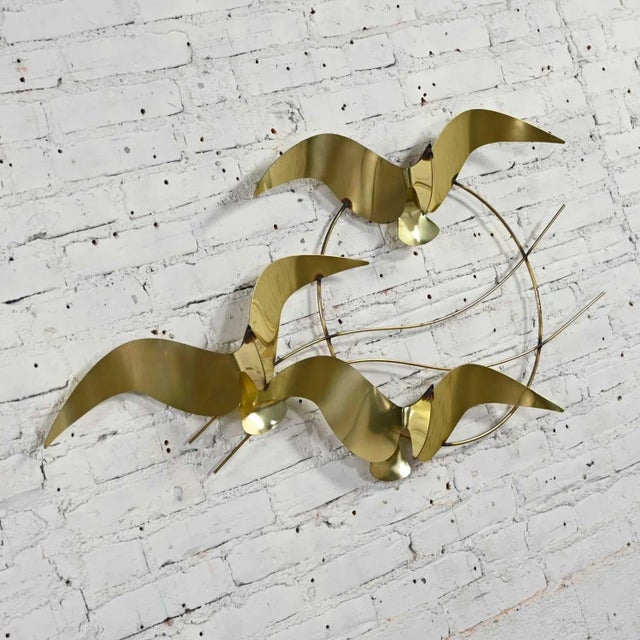 C Jere Brass Plated Bird Flock of Seagulls Wall Sculpture Signed Dated 1985 For Sale - Image 6 of 13