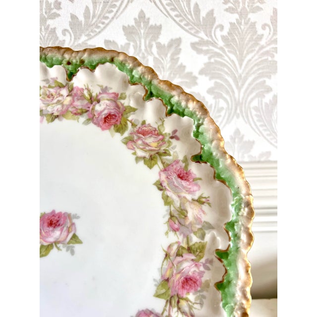 Antique A. Lanternier Limoges 12” Hand-Painted Pink Rose Plate With Green & Gold Scalloped Rim – France, Circa 1890s For Sale In Charlotte - Image 6 of 6