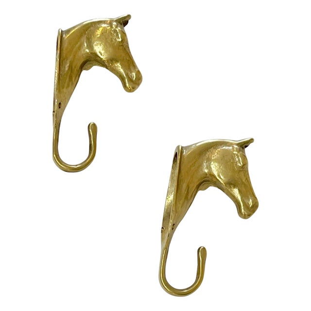 Mid 20th Century Pair Vintage Brass Equestrian Horse Wall Coat Hooks For Sale