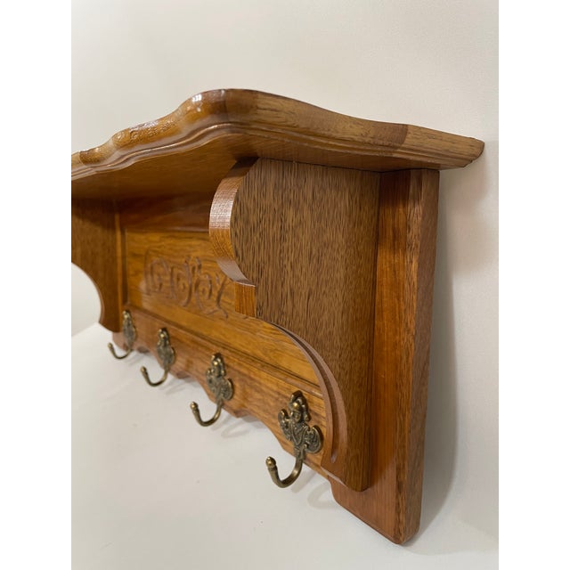 Vintage French Tiger Oak 27" Wall Shelf Coat and Hat Rack For Sale - Image 9 of 17