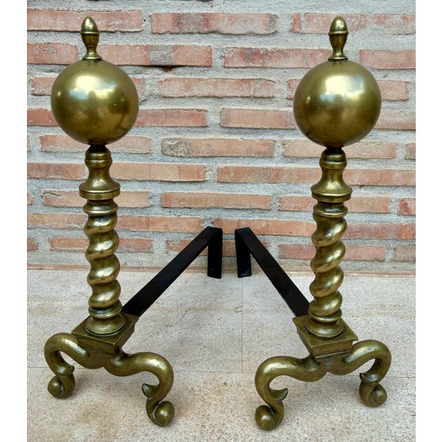 18th American Chippendale Style Brass Cannonball Andiron Firedog with Log Stops For Sale - Image 17 of 18