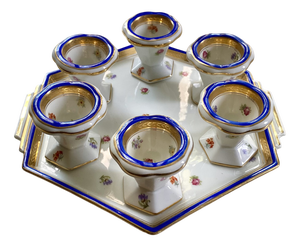 French Blue and Gold Soft-Boiled Porcelain Egg Service, Limoges, France, 1928, Set of 7