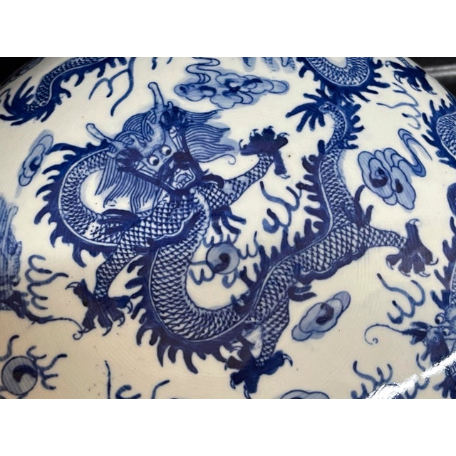 Vintage Jingdezhen Blue and White Dragon Pattern Porcelain Sweetmeat Container / Five Dragon Multi Design Porcelain Bowl With Lid For Sale - Image 4 of 5