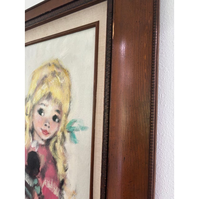 Taupe Vintage Koros Original Oil Painting “Portrait of a Child” Big Eye Waif Art, Framed For Sale - Image 8 of 12