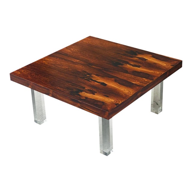 1970s Milo Baughman for Thayer Coggin Rosewood and Lucite Square Coffee Table For Sale
