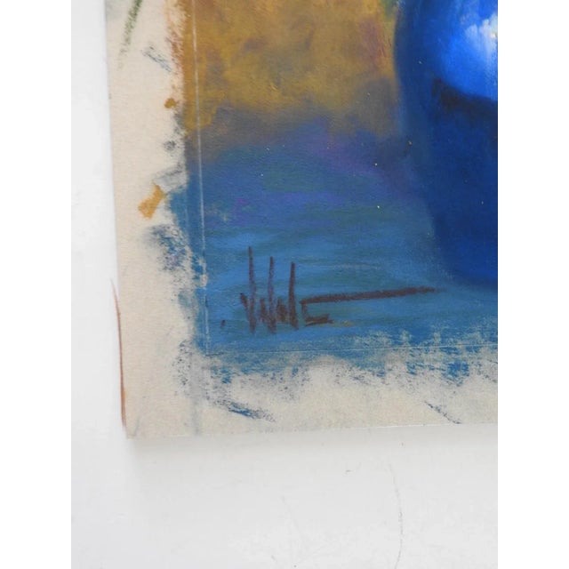 Mid 20th century bright yellow daisies or sunflowers in a cobalt blue vase pastel on paper. Signed illegibly lower left...